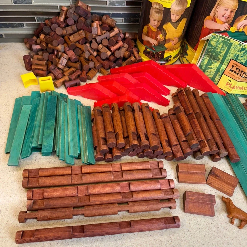 VTG Playskool Lincoln Logs Wood Building Sets No #890 & #893 w/ Canisters 300pc